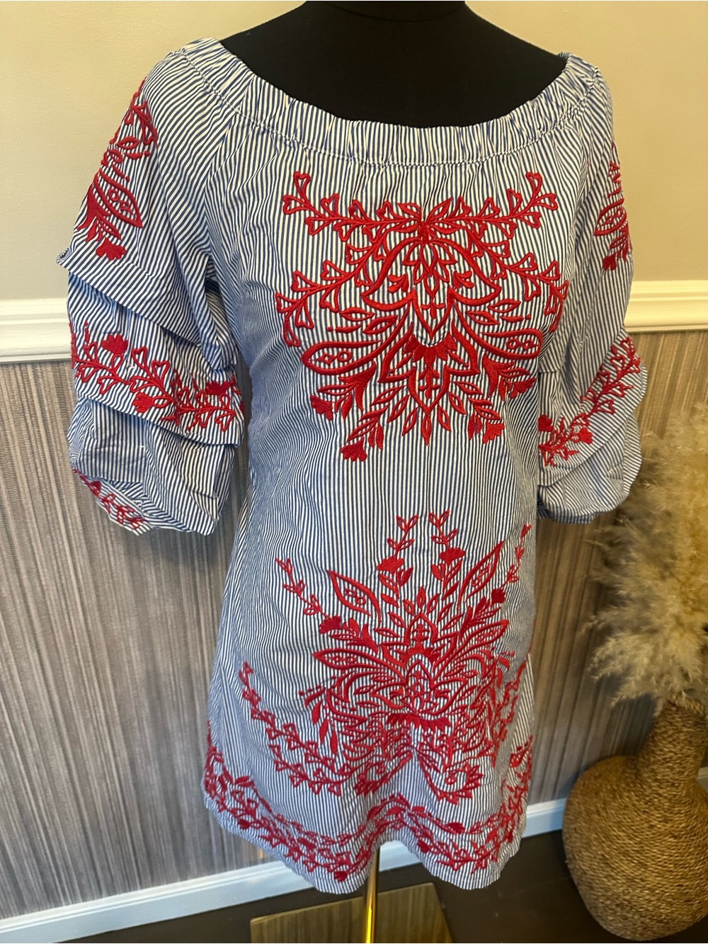 INC International Concepts Striped Embroidered Off Shoulder Dress Small Blue Red - Picture 4 of 11